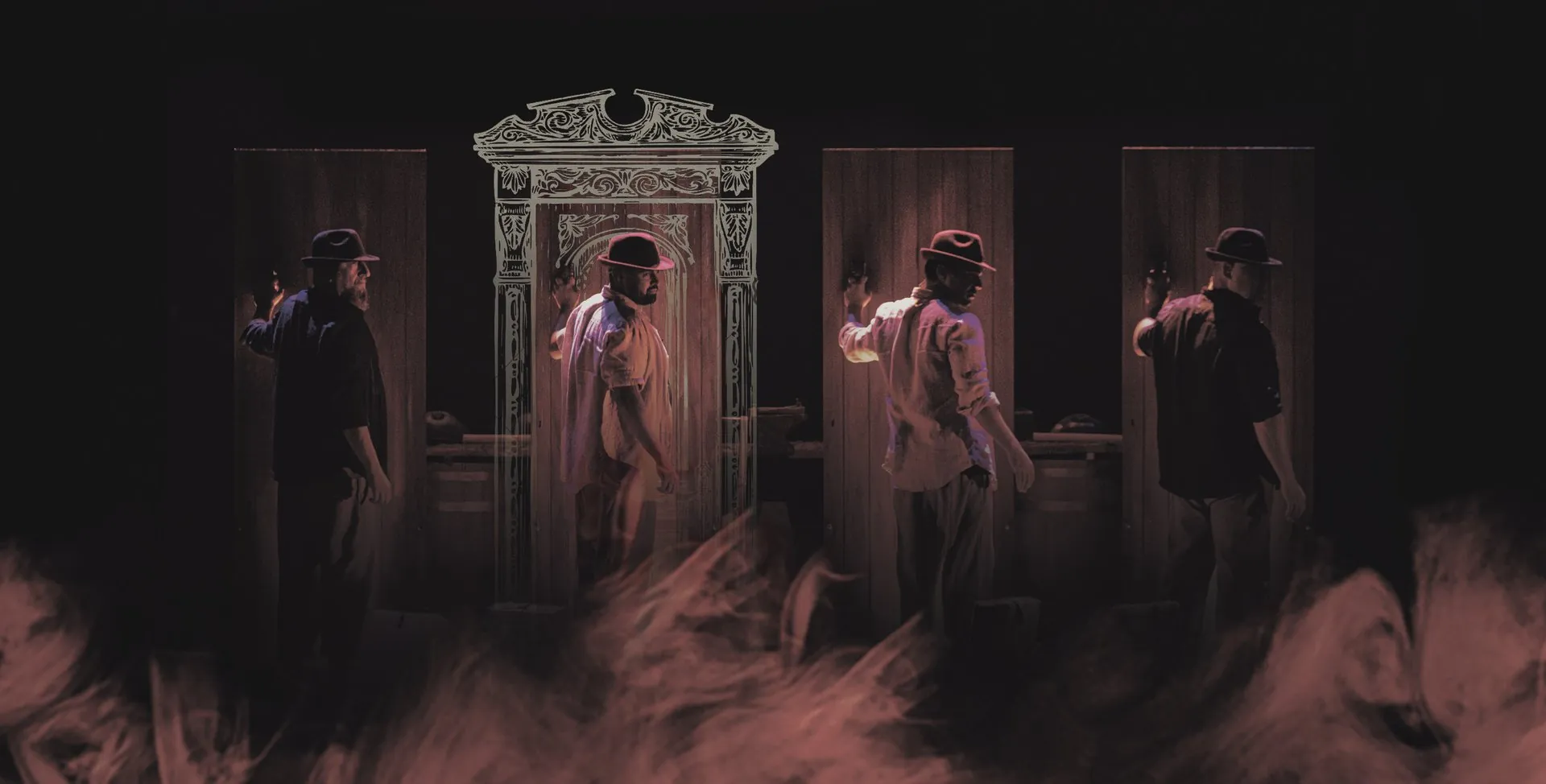 Actors in hats between wooden doors